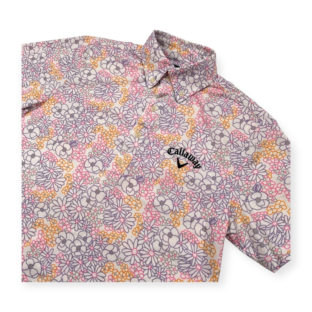 Callaway キャロウェイ 花柄 総柄 BD 半袖 ポロシャツ サイズ M /ホワイト×パープル×ピンク×オレンジ