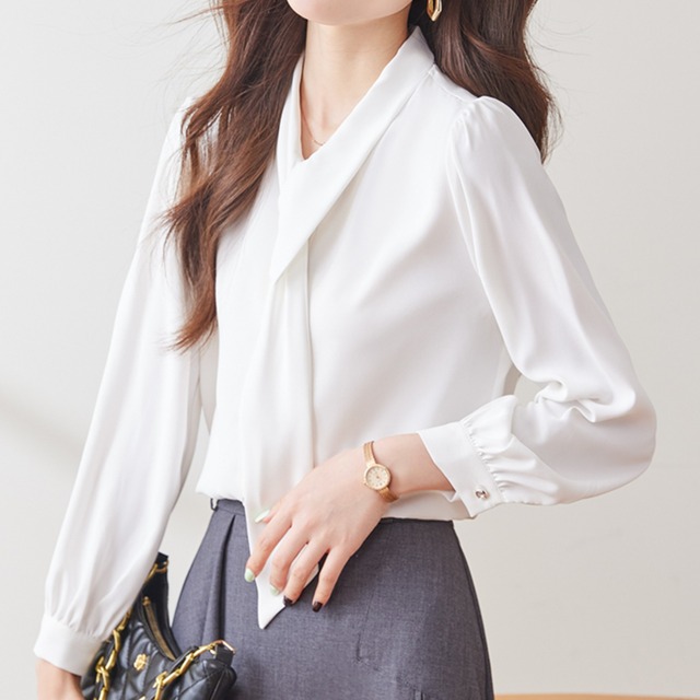 長袖 リボンタイ ブラウス トップス　 2col 　00002