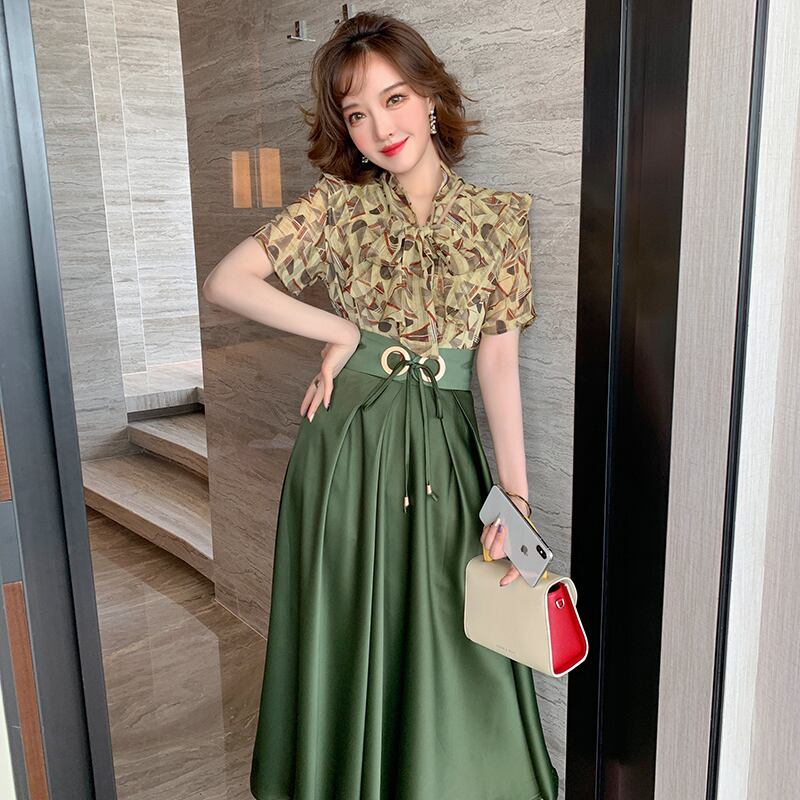 スタンダードプリントリボンシャツ トップス レディースサマー レトロ 夏物 MIUCO12725202803