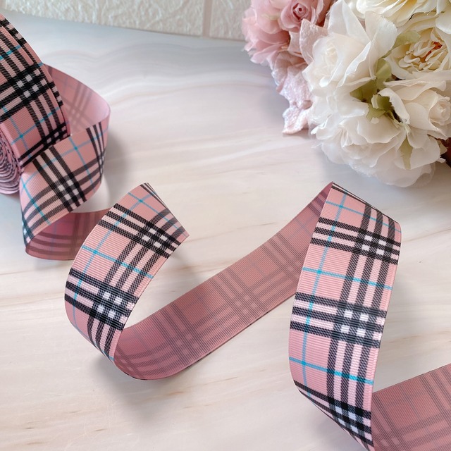 38mm　両面　ピンクチェック　グログランリボン