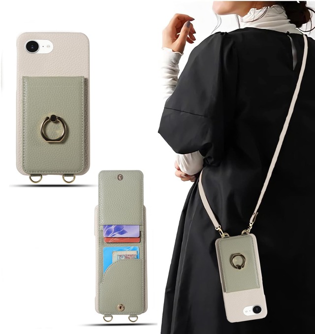 あいふおん17eケース ストラップ付き スマホケース ショルダー 背面 カード収納 pu レザー リング付 for iphone 17e 携帯 カバー 落下防止 耐衝撃 肩掛け 斜め掛 首掛け スタンド機能 (グリーン ホワイト, iphone 17e)
