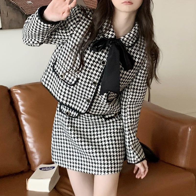 【セット販売】秋冬服 千鳥柄 ショートトップス スカート 2点セット 韓国