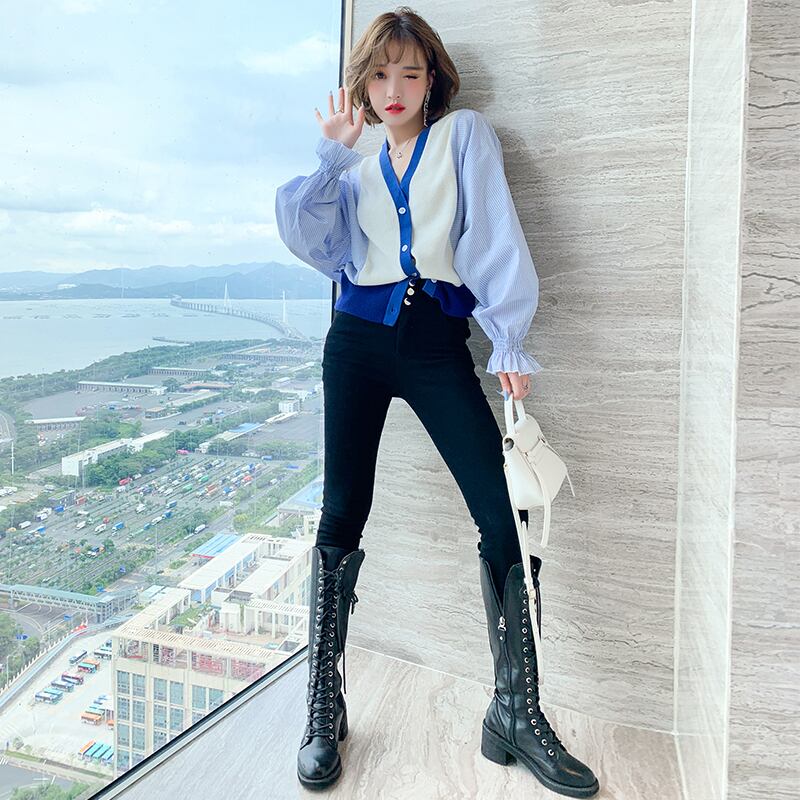 ストライプスリーブルーズニットカーディガンウェストスリムパンツ フレアスリーブ MIUCO48040581363