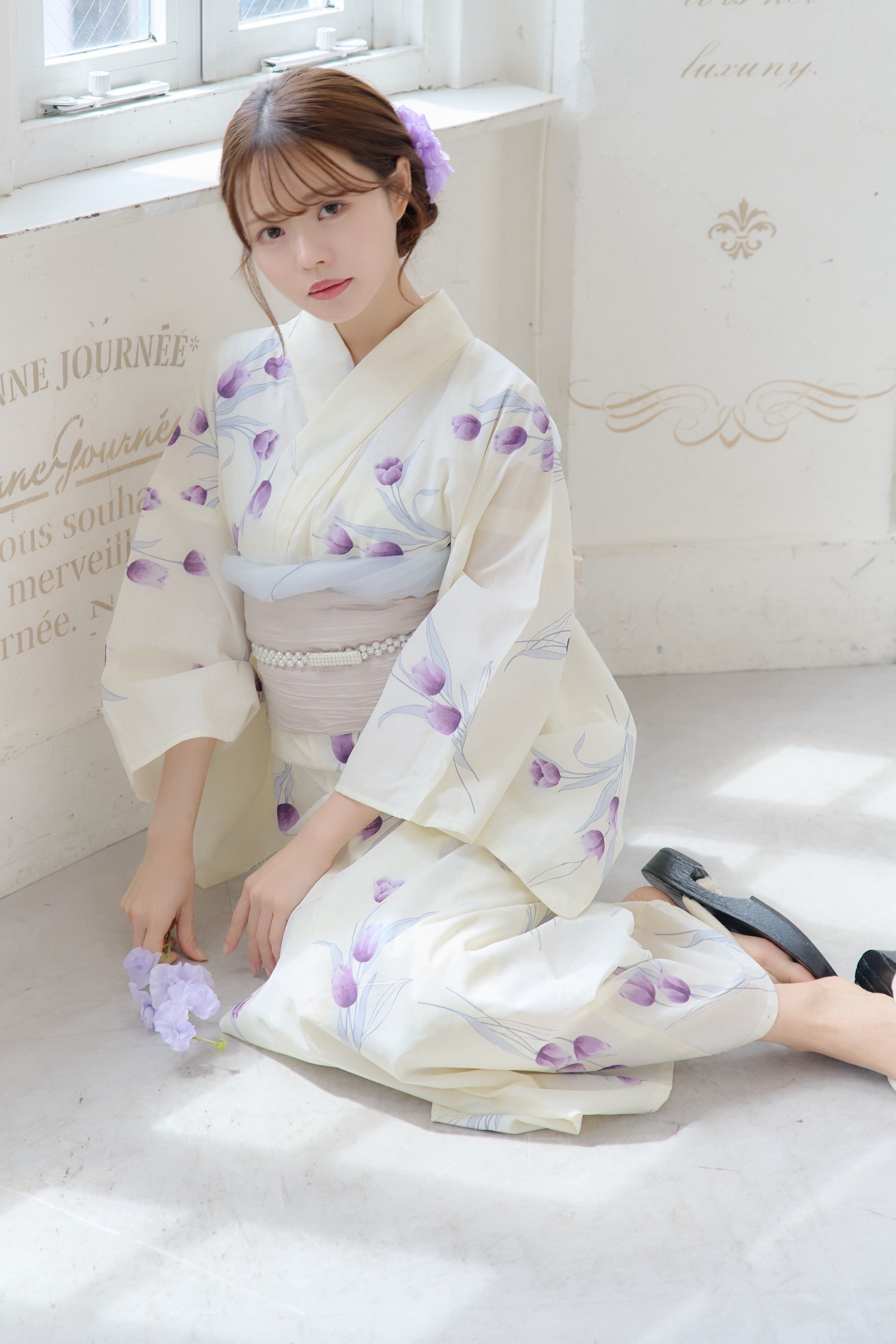 浴衣4点セット淡藤チューリップの花調べ【帯:ラメサンド】Y4-29