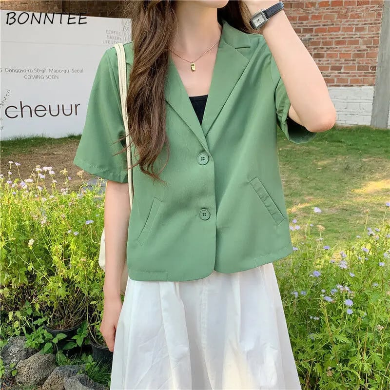 【新作】【送料無料】 ブレザー女性固体オールマッチファッションシングルブレストルーズレジャー韓国スタイル夏クロップドストリートポケットシンプルな新 0245935557305