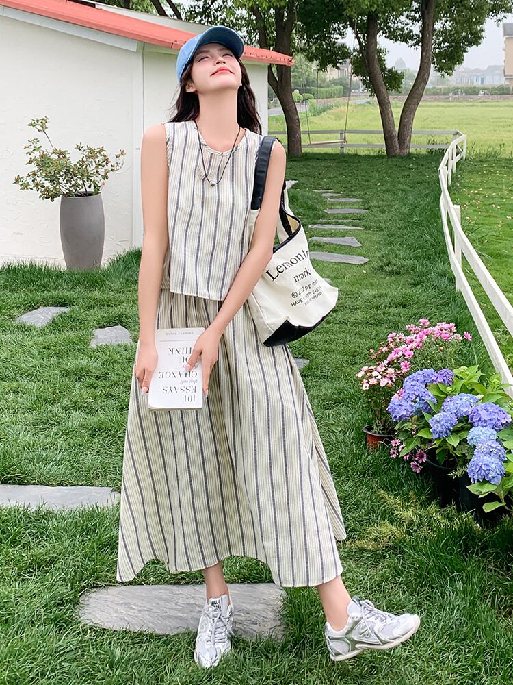 #大人カジュアル|ストライプノースリーブセットアップ