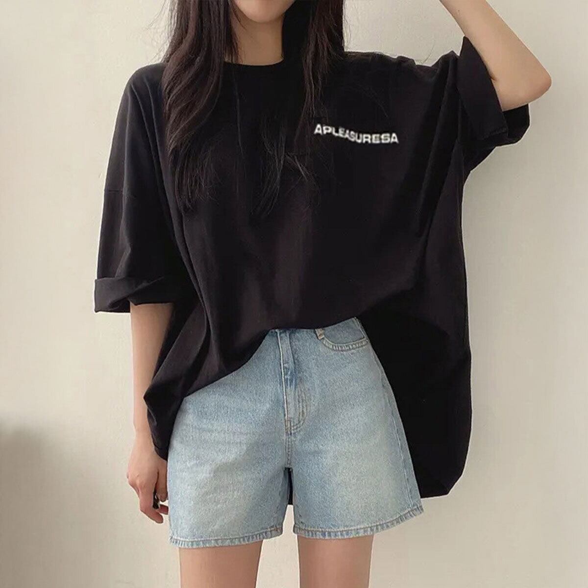 Tシャツ 五分袖 ロゴ レディース メンズ 春 夏 秋 韓国 ゆったり オーバーサイズ 大人 カジュアル ストリート系 原宿系 ロンT ロゴT 体型カバー チュニック 大人可愛い 大人女子