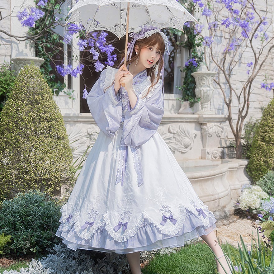 メイドロリィタ クラシカル メイドファッション 3点セット エプロン 刺繍 中華風 レース パープル