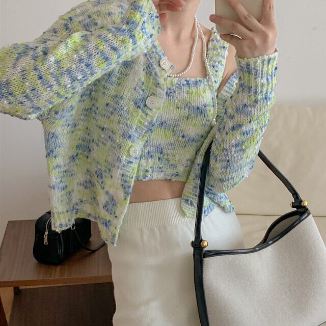 カーディガン タンクトップ 2点セット ツーピース セットアップ ニット レディース かわいい おしゃれ 長袖 肌見せ 大人かわいい 着回し グリーン/ピンク/ブルー
