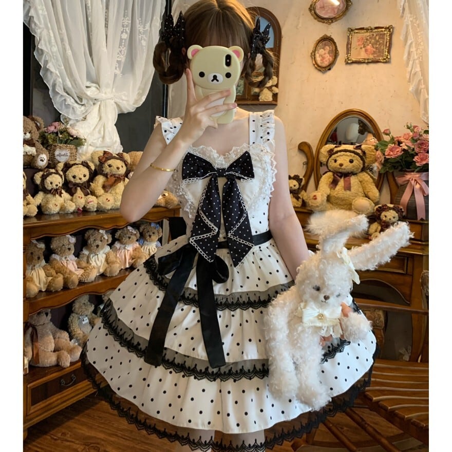 ロリータファッション 甘ロリ 白黒・桃黒ドットフリルJSK3点セット