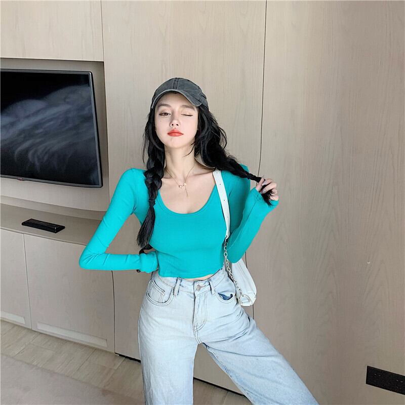 セクシーなアンビリカルタイトフィット長袖Tシャツレディース2020年秋新しいインナーベースシャツショートホワイトトップイントレンド ブラックストロベリース17444489872