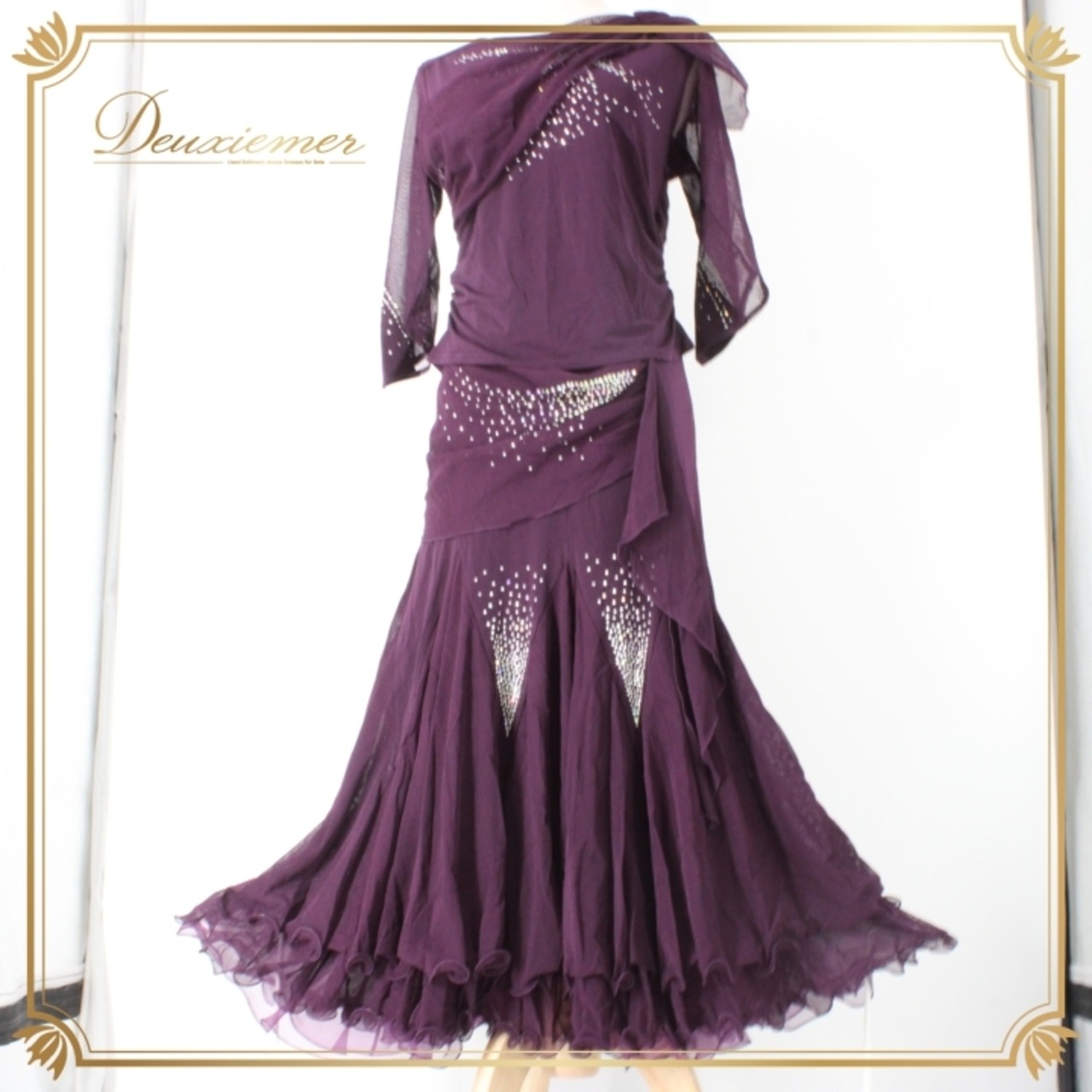 社交ダンス 衣装 スタンダード 上下セット ツーピース レッスンウェア パーティ衣装 ICHIOKU イチオク 紫 レース パープル系 ラインストーン ディープパープル 伸縮性 レディース フェス ダンス用品 発表会 衣装セット 光る プレゼント おしゃれ 女性用 高品質 お得 人気