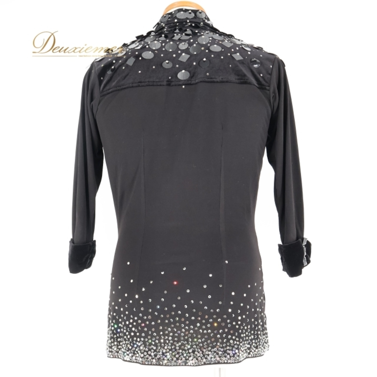 社交ダンス 衣装 ハセベ Hasebe シャツ ブラウス ベロア 装飾 ダンス パーティ ラテン 発表会 黒 おしゃれ 高級感 ジャズ ブラック系 ストレッチ ステージ エレガント メンズ コスチューム フォーマル