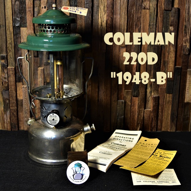 コールマン 220D 1949年製造A期 ビンテージ ツーマントルランタン 美品 COLEMAN オリジナルPYREXグローブ 銀タンク 完全分解メンテナンス済み 整備済み 40年代 箱付き