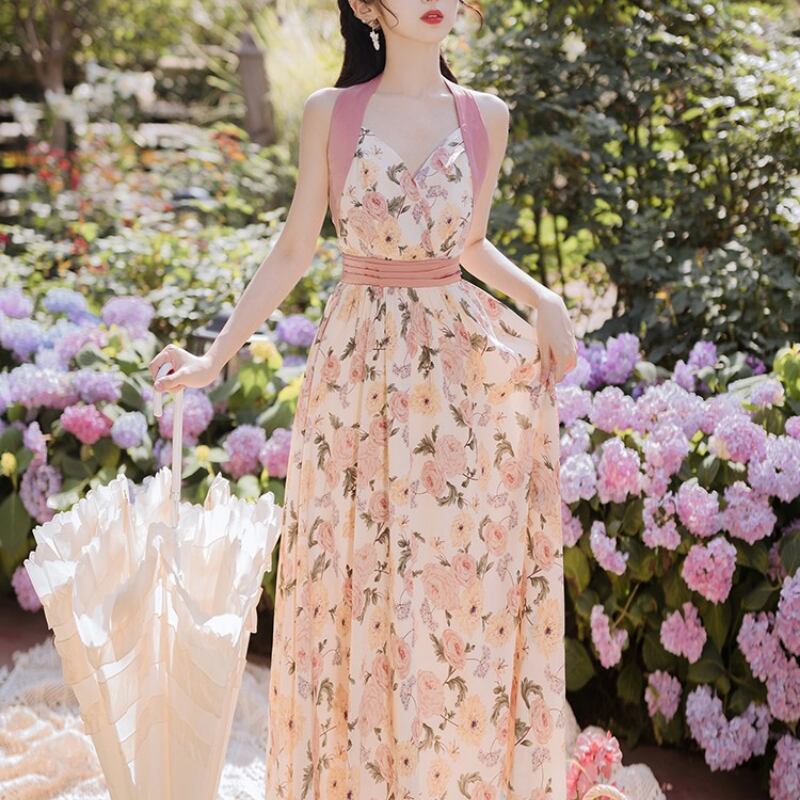 ワンピース Vネック 花柄 ピンク 可愛い ノースリーブ エレガント ハイウエスト レトロ ロング丈 Miyabigo