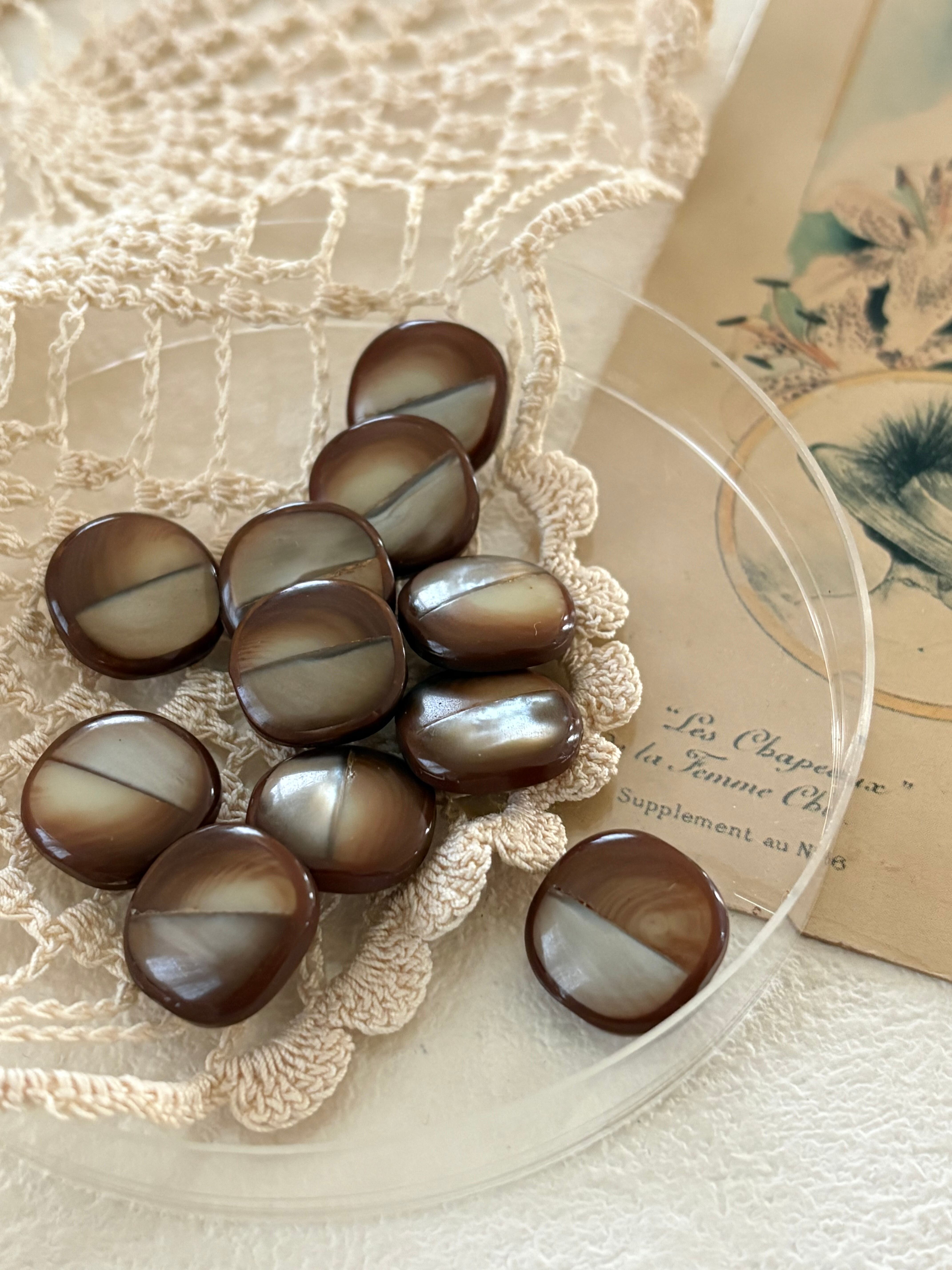 Japanese Vintage ヴィンテージボタン スクウェア ブラウン シェル グラデーション 13mm レトロボタン アクセサリーパーツ 装飾材 カルトナージュ