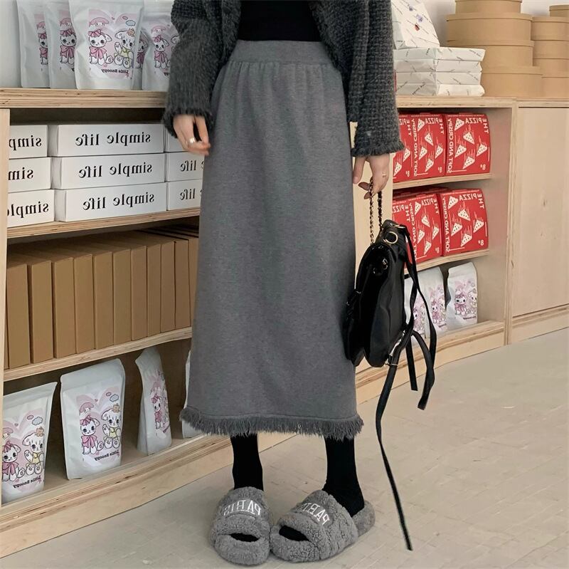 【bottoms】フリンジデザイン 無地Aライン ミディスカート L1018