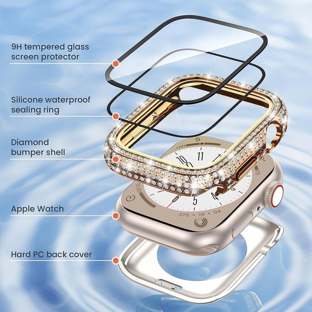 【360度防水ケース】 アップルウォッチ 防水ケース キラキラ クリスタルダイヤ付き ガラスフィルム 一体型 Apple Watch カバー 水泳・スポーツ専用カバー 40mm ダイヤモンド bling 光沢 IP68完全防水 iWatch ケース Series se 6 5 4に対応 お洒落 女性専用 強化ガラス 傷防止 軽量 防塵 (40mm 光沢のローズゴールド)