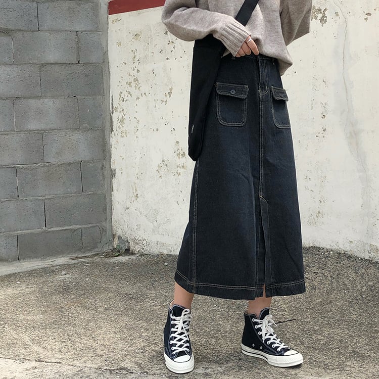 ウエストデニムスカートレディース2020年秋新作レトロルーズワイルドスプリットミドル丈Aラインスカート クレセントシティ66157240436