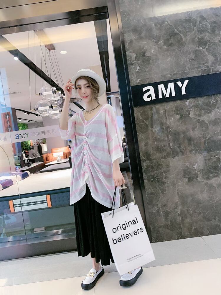 サマーストライプTシャツ レディースルーズ薄手Vネックギャザースタイルトップス 大きめサイズ 夏物 ミックスインファッション99254334198