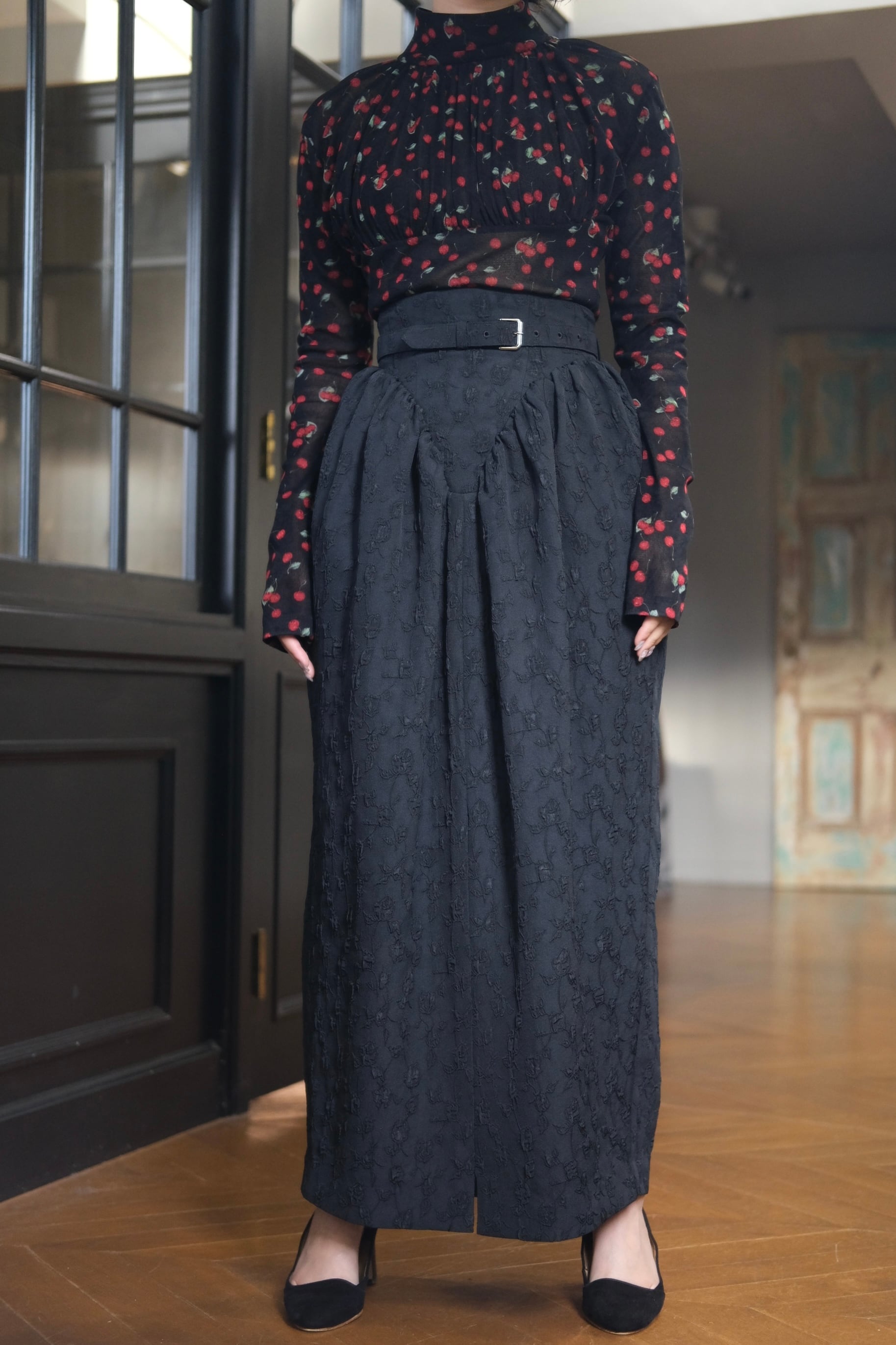 FETICO】Floral jacquard curvy skirt -black- | loop