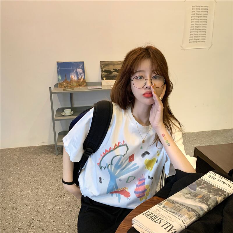 Tシャツ シャツ プリントルーズホワイトスプリングスタイルトップス 春物 ブラックストロベリース8160627486