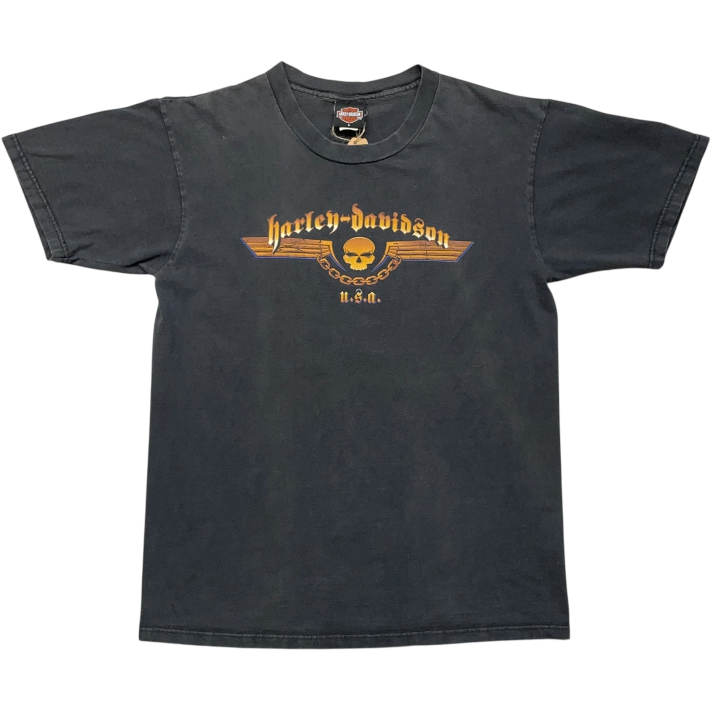 《L》 Harley-Davidson ハーレーダビッドソン Tシャツ スカル プリント フェード ブラック USA製 no.8432