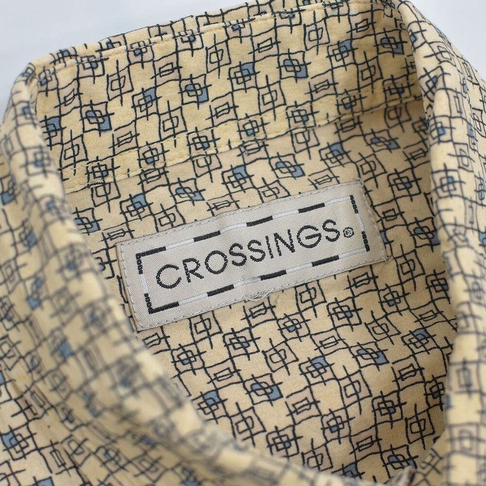 ビンテージ古布　アジア 　幾何学モチーフ　大判　地厚　タペストリー　らく 90s～ CROSSINGS 幾何学的 和模様 総柄 半袖 ボタンダウンシャツ