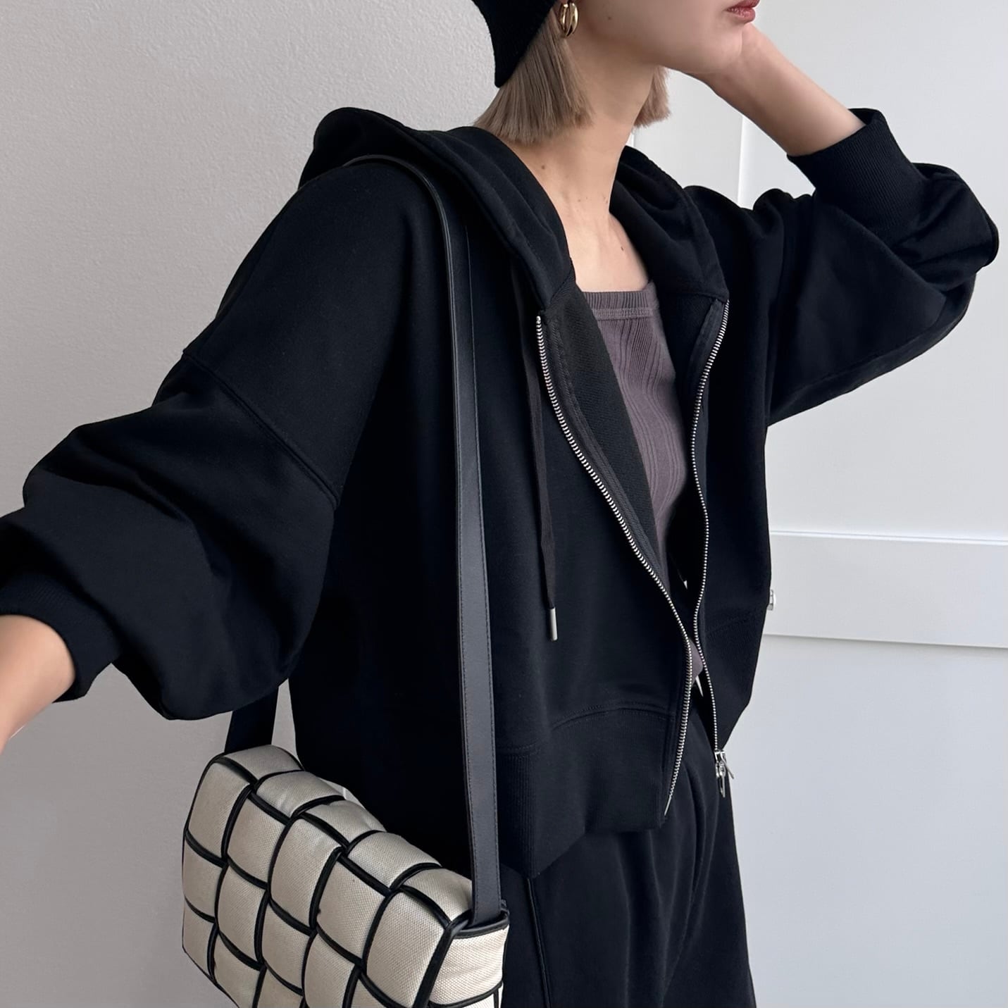 裏毛ダブルジップクロップドPK/ブラック | CFT.