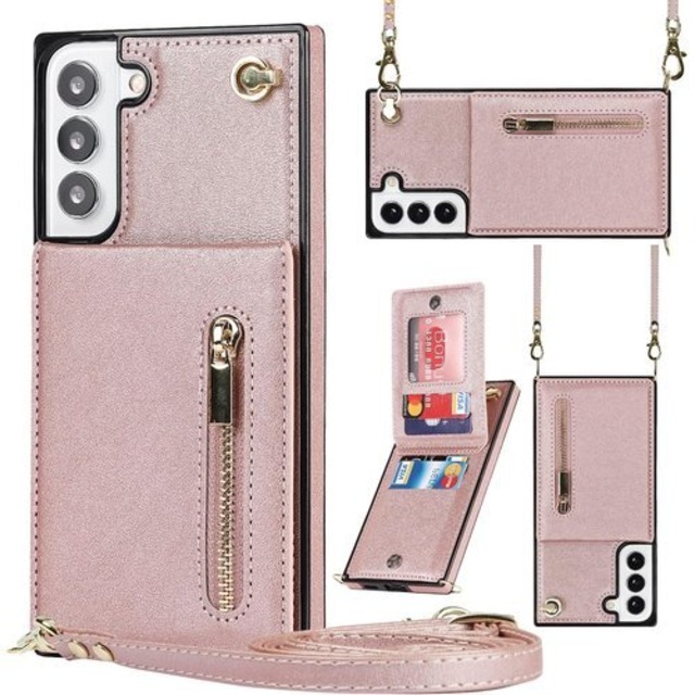 S22 galaxy ケース 手帳型 ショルダー クロ / SCG13 ケース au 対応 S22ケース サムスン ギャラクシー S22 カバー S22 ケース SC51C ケース SCG13 カバー スマホケース S22ケース 適用 case iCoverCase 肩がけ 首掛け 斜め掛け カードケース チェーン ファスナー型 ストラップ付き ショルダーケース クロスボディケース カード入れ スマホケース 携帯カバー ピンク 1237