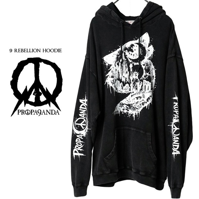 PROPA9ANDA プロパガンダ「9 REBELLION HOODIE」ウォッシュ加工 ビッグプルオーバーパーカー オーバーサイズ スウェットフーディー 長袖 黒ブラック 狼 月 MOON ムーン 自由の女神 メンズレディース 大きいサイズ UKパンクロック PUNKROCK バンド ステージ衣装 フェス Rogia