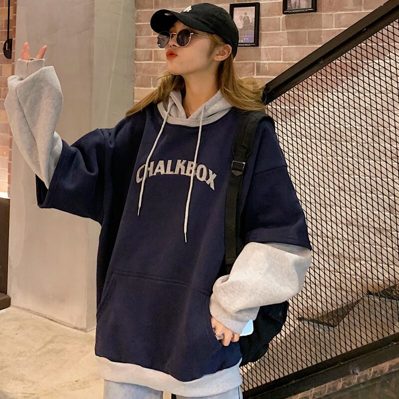 レディース トップス 秋 冬 パーカー レイヤード風 長袖 ボタン ゆったり ロゴ フード 暖かい パーカー シンプル ストリート スポーティ メンズライク 可愛い カジュアル お出かけ デート 通勤 通学 学生 キャンパス 旅行 普段着 リンク 双子 お揃い コーデ トレンド