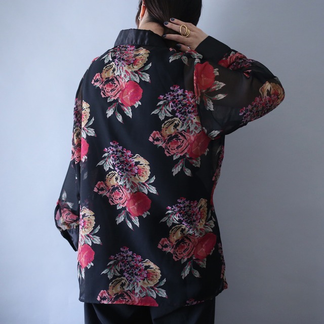 "sheer×satin" switching design beautiful flower pattern over silhouette see-through shirt