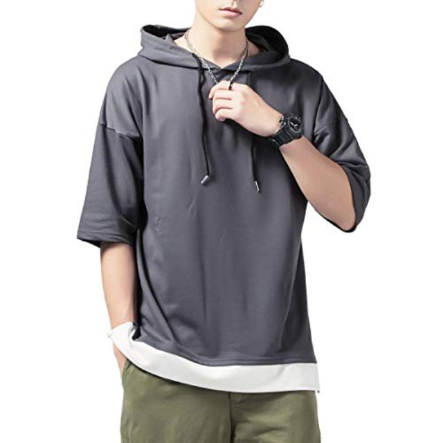 Jpcs パーカー メンズ 半袖 Tシャツ メンズ 半袖 五分袖 パーカー 薄手 パーカー 半袖 フェイクレイヤード プルオーバー ゆったり フード付き 重ね着風 夏秋季対応 Oukey Az Japan Classic Store