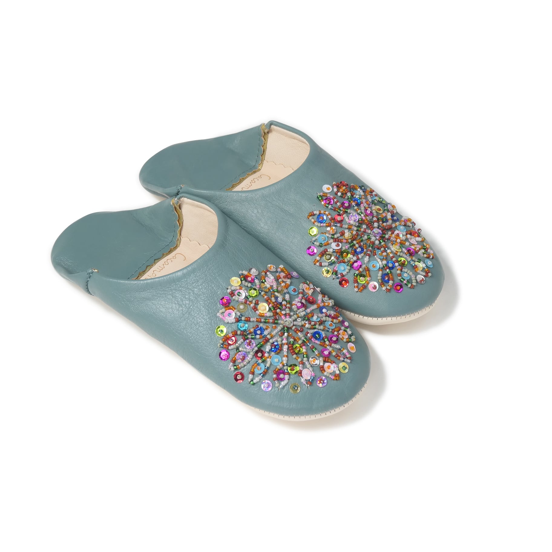 受注生産 アクアグリーン(ミックス スパンコール)レザー バブーシュ スリッパ