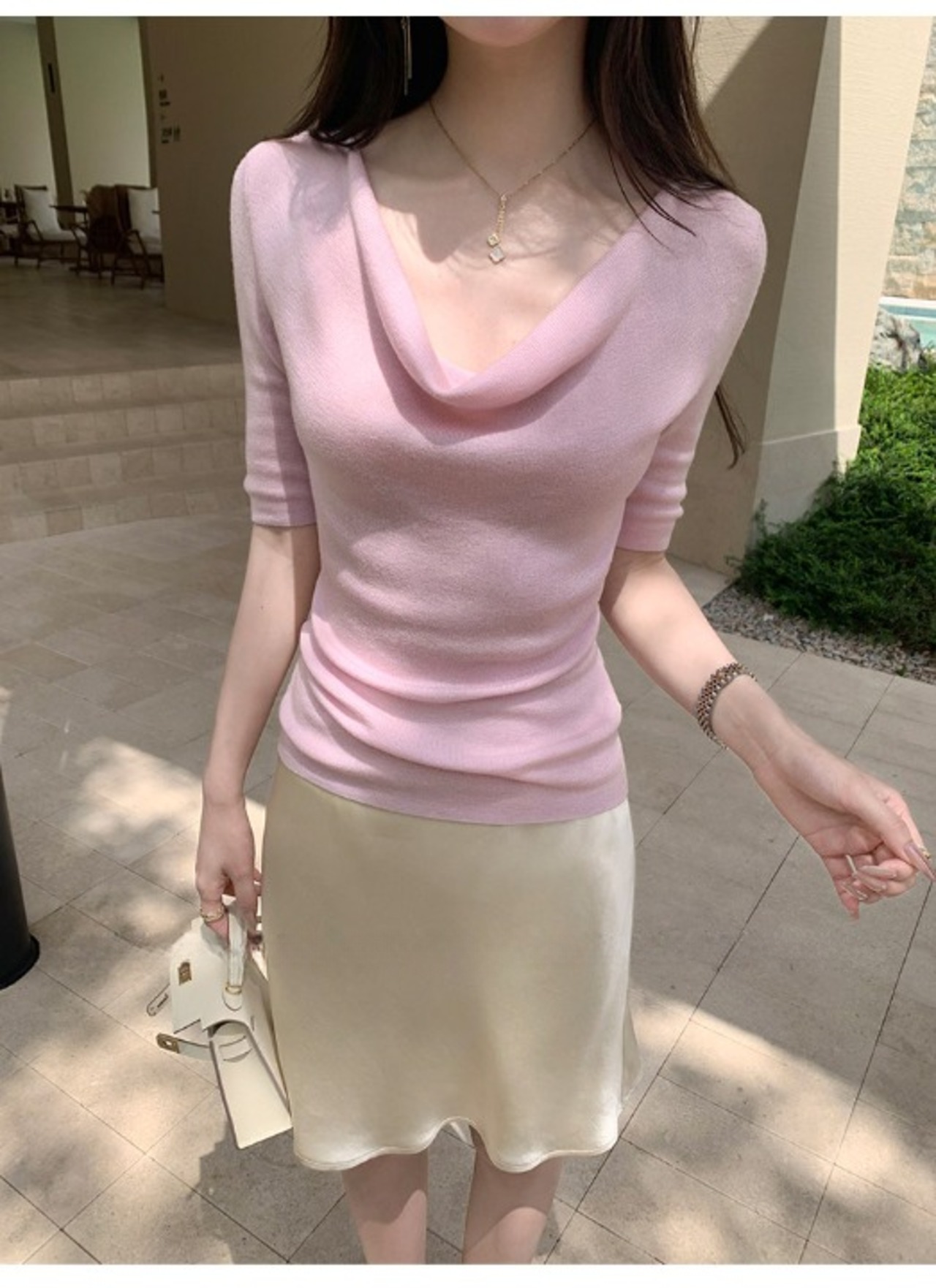 Drape Neck half Sleeve Rib Knit【H00071】