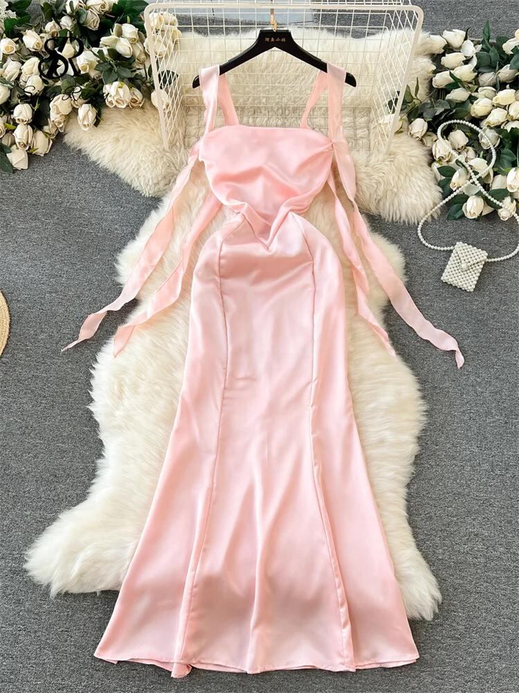SINGREINYエレガントなサテンドレス女性用ストラップリボンジッパーバックレスホローアウトシニアスリムボディコンシックイブニングパーティーDressr_149