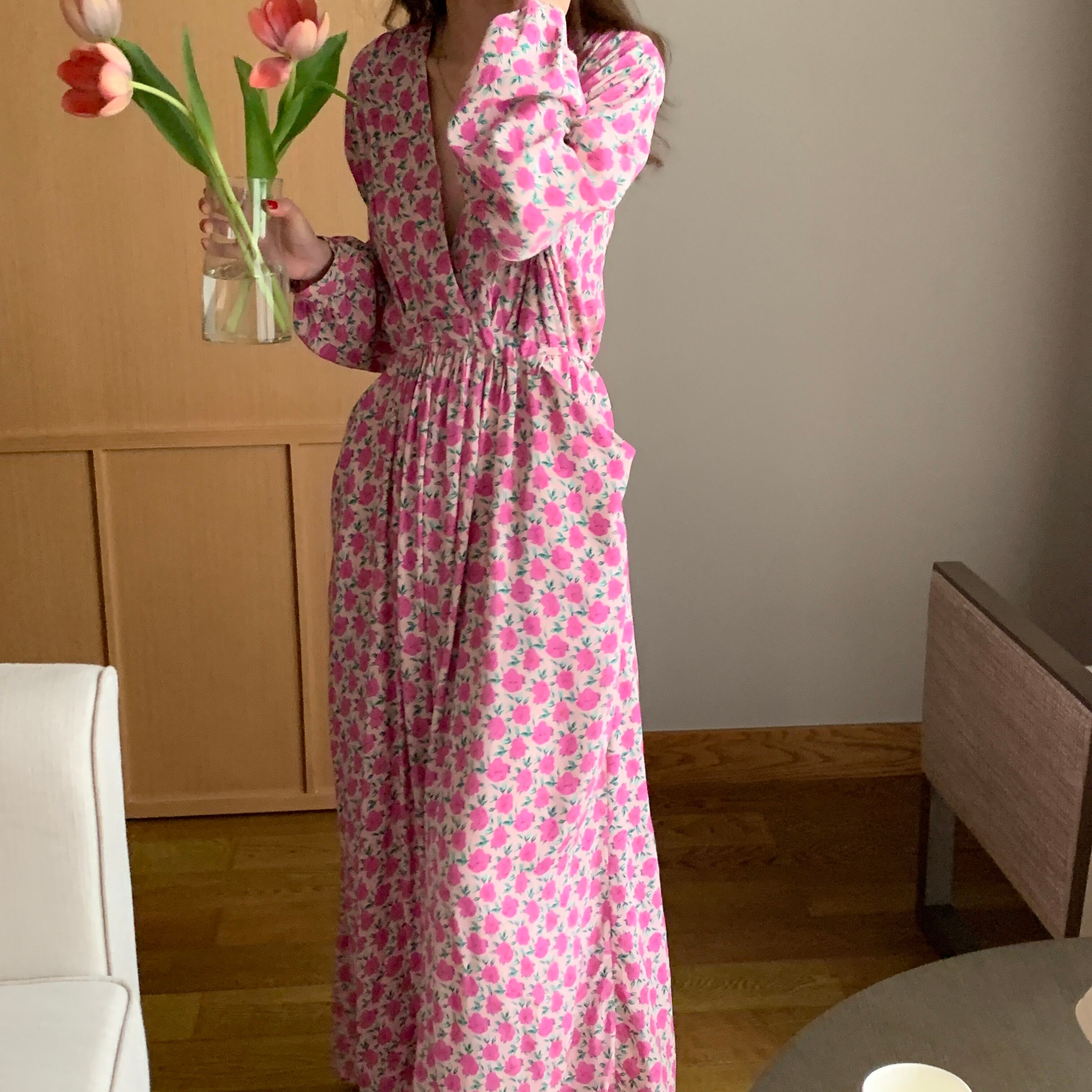 長袖スリーブフローラルスカート サマースタイルルーズ薄手Vネックウェストドレス ロング 夏物 花柄 ビッグFスモールZ韓国85529231189