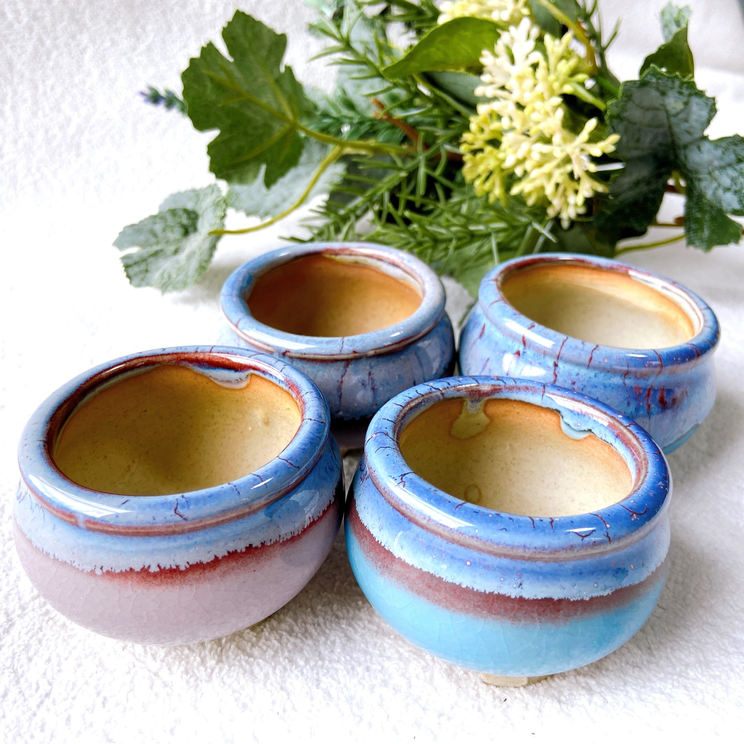 薄水紫色と水色の陶器植木鉢4点セット】 多肉植物・小品盆栽用に 北欧