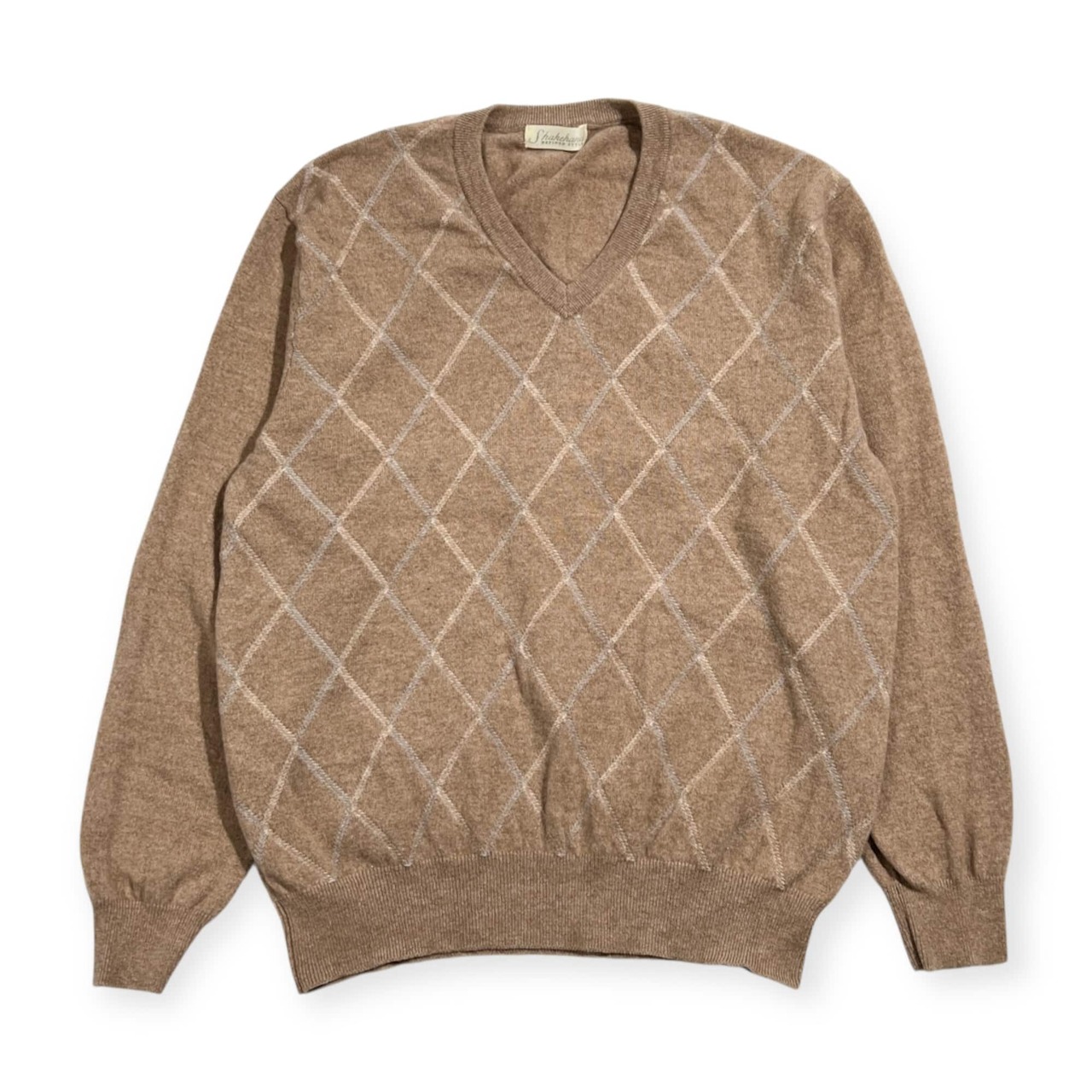 カシミヤ100% Shakehand シェイクハンド アーガイル柄 Vネック ウールセーター L/ベージュ メンズ