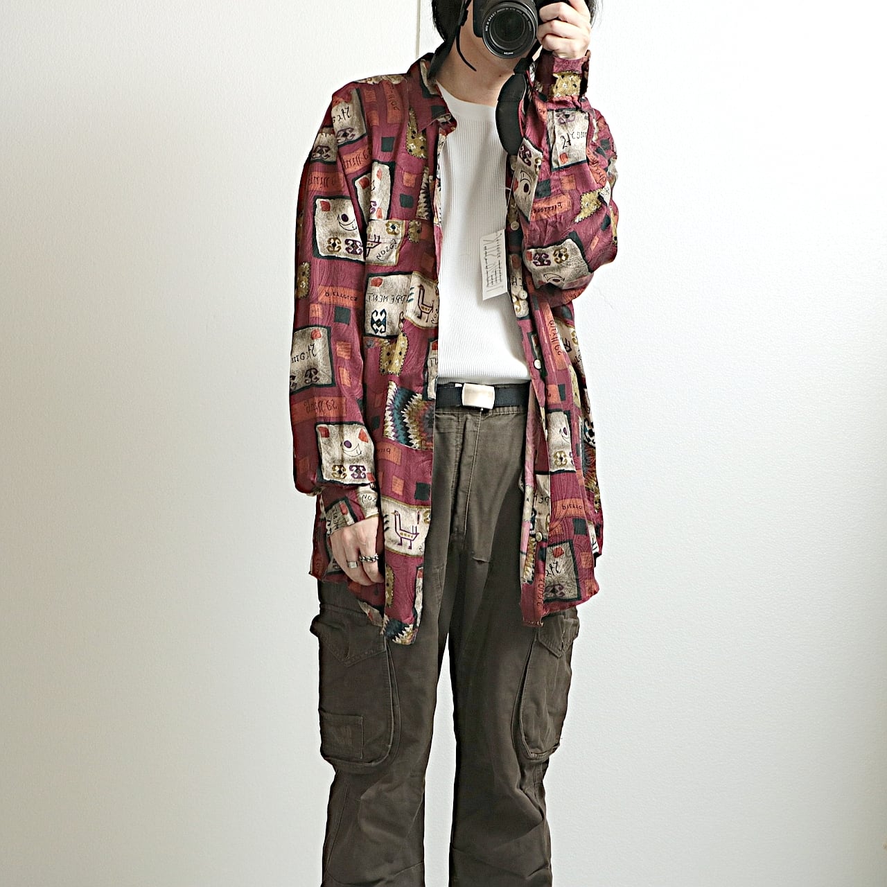 90s GOOUCH 総柄 シルク 長袖 シャツ 未使用 wine mix