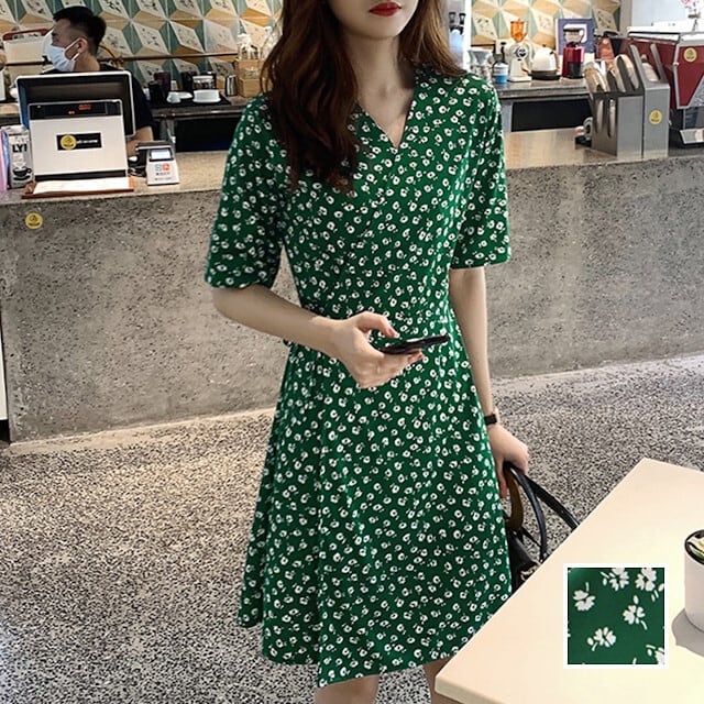 レディース カジュアルワンピース アシンメトリー ハイコントラスト Aライン グリーン花柄 フラワー 半袖 五分袖 Vネック カシュクール ノーカラー S/M/L/XL