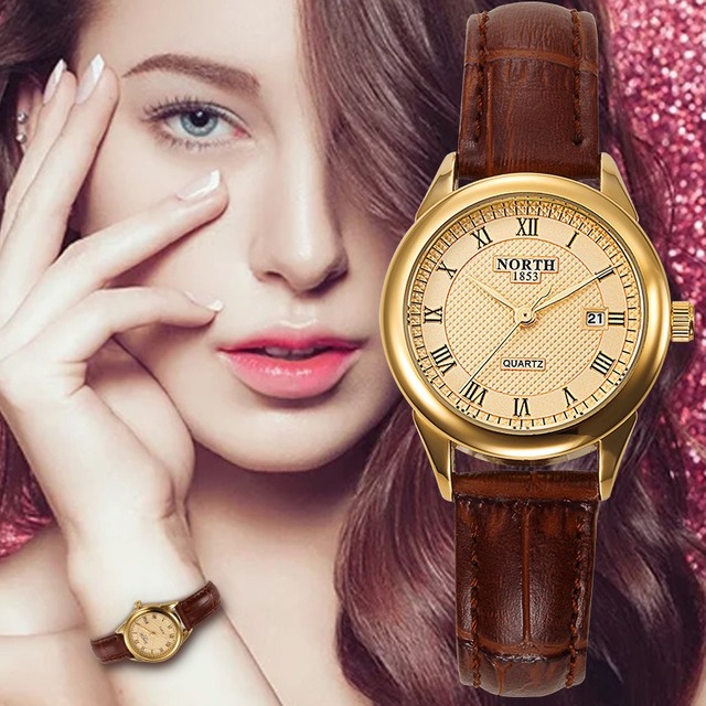 女性腕時計ファッションcausual女性ビジネス腕時計レザーストラップゴールド30メートル防水日付ラウンドアナログクォーツ女性腕時計