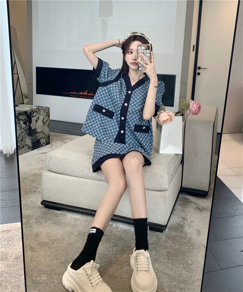 シャツ 格子柄スリーブ半袖ジャケット サマーブルー薄手トップス ショート ハーフスリーブ 夏物 ブラックストロベリース66156920258