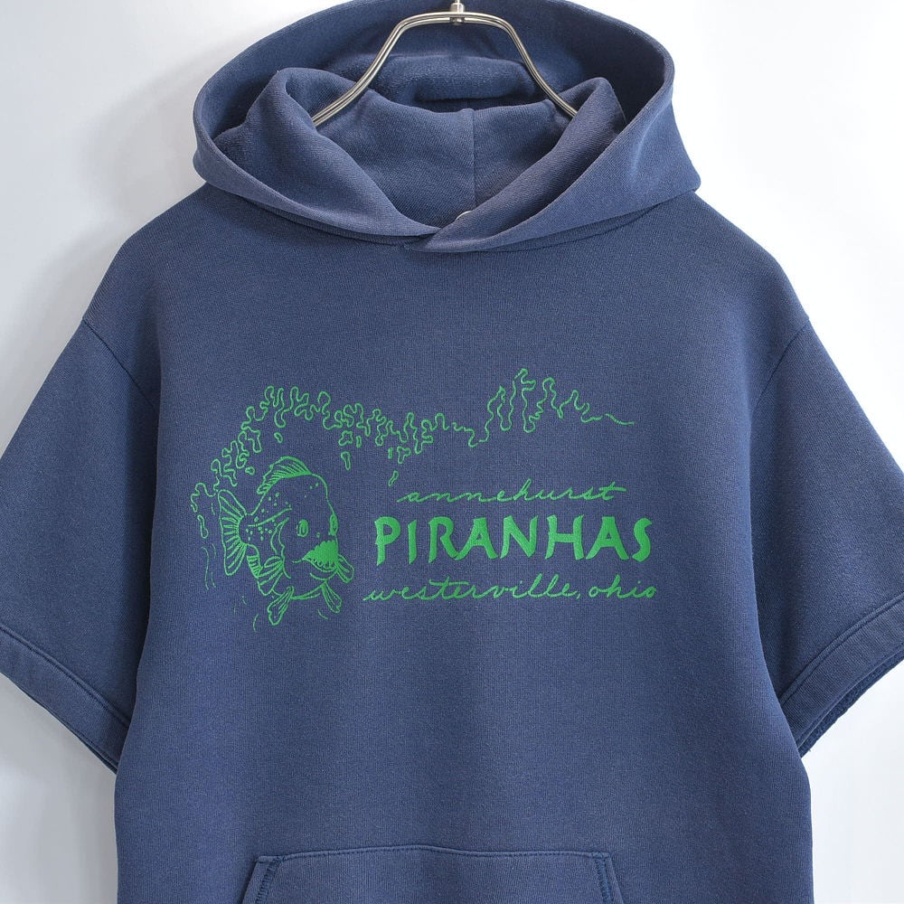 80~90s USA製 JERZEES ジャージーズ ピラニア フロッキープリント 半袖 スウェット パーカー フーディー グッドフェード 紺 ヴィンテージ ビンテージ アメリカ古着 メンズSサイズ
