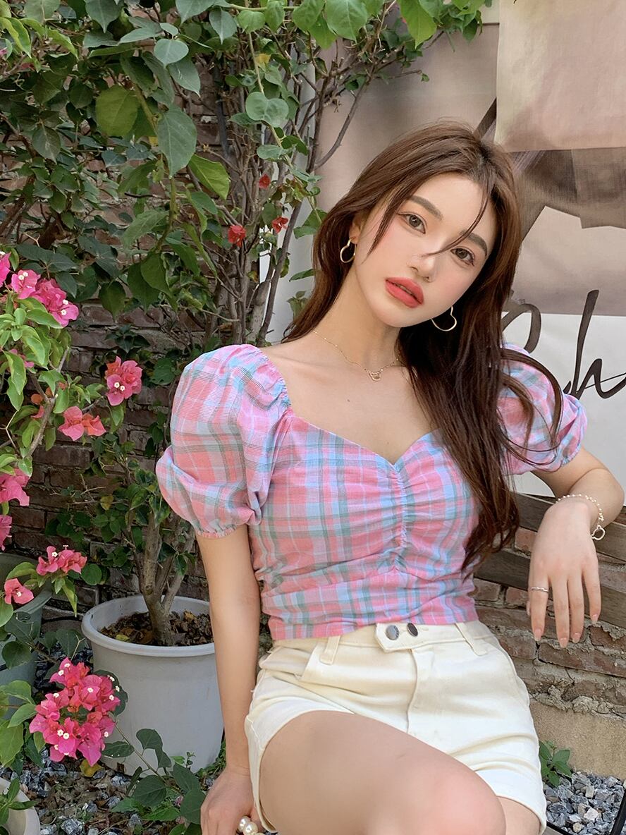 スリーブカラー格子柄シャツ レディースサマーショートリボン半袖 ハーフスリーブ 夏物 スクウェア ブラックストロベリース65686536787