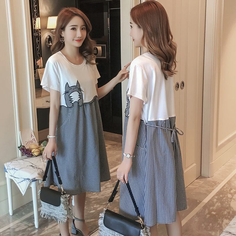 【新作】【送料無料】 新しい格子縞のマタニティドレスファッションルーズミドルレングスマタニティナーシングドレスのマタニティドレス2019夏バージョン-アリババ サマー 夏物 expec250012543541