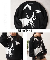 ◆猫柄 クルーネックニット◆bl-318627