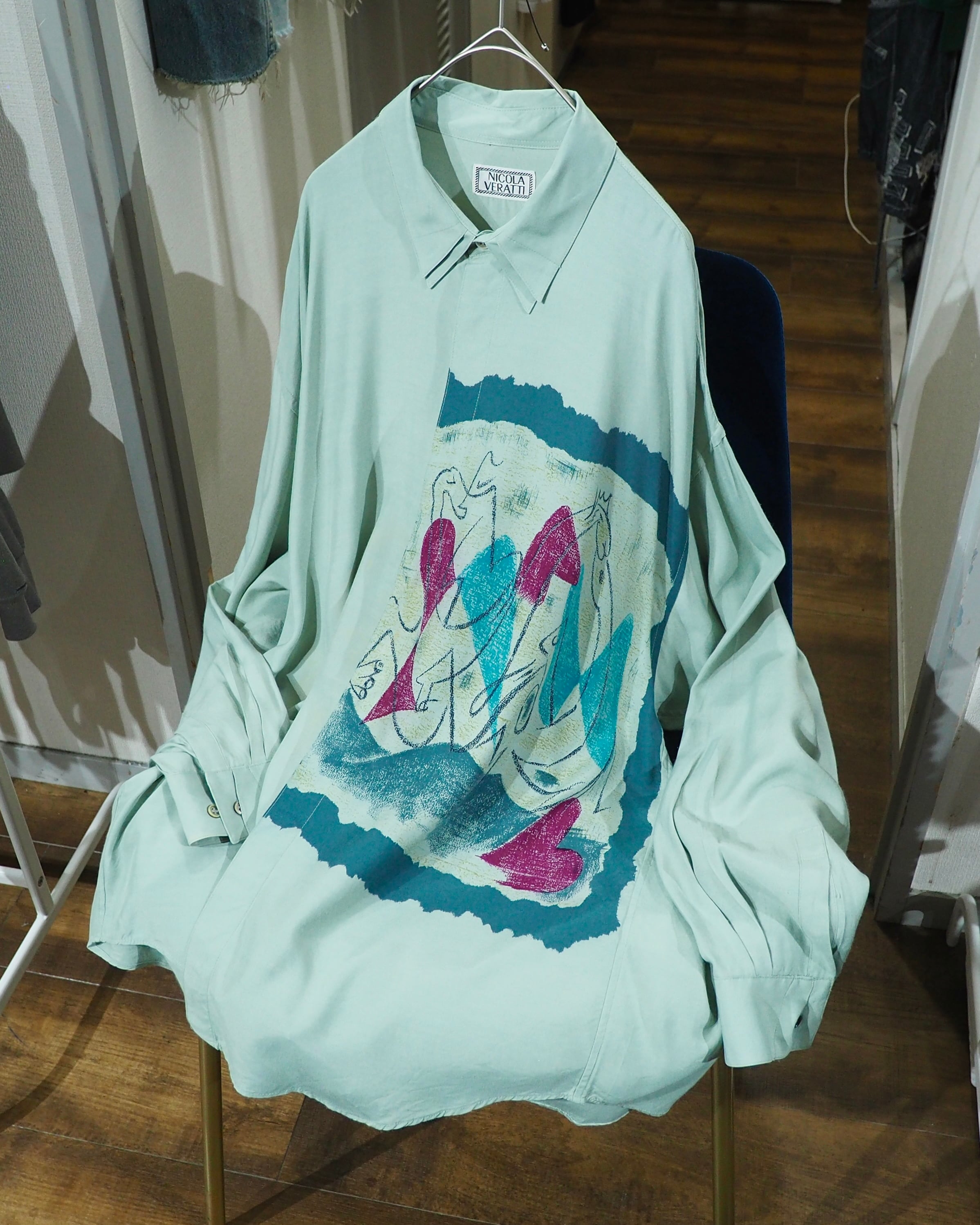 1980 - 90s " NICOLA VERATTI " Abstract Art painting vintage loose Rayon shirt