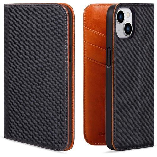 VISOUL iPhone14 ケース 手帳型 本革 アイフォン14 ケース 手帳型 本革 レザー スマホケース iPhone 14 手帳ケース 柔軟なTPU素材 カード収納 携帯ケース 全面保護 マグネット 横置きスタンド アイフォン14 手帳 iphone 14 対応 6.1インチ カーボンレザー.オレンジ 1539